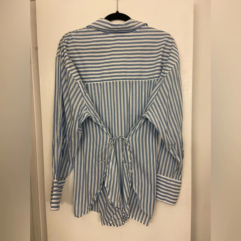 Vince Oversized Striped Long Sleeve Shirt Riviera Blue White Size Large - Picture 4 of 7